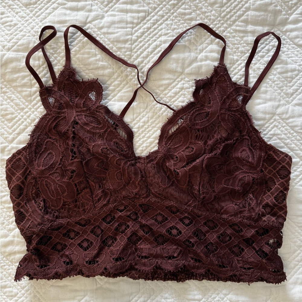 Anemone Burgundy Merlot Strappy Crochet Lace Long Line Bralette XXL